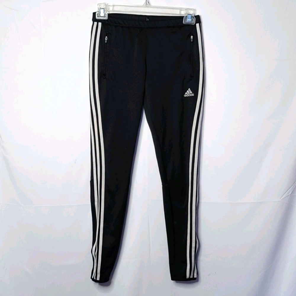Adidas black track workout pull on three stripe zipper pockets pants sz Small